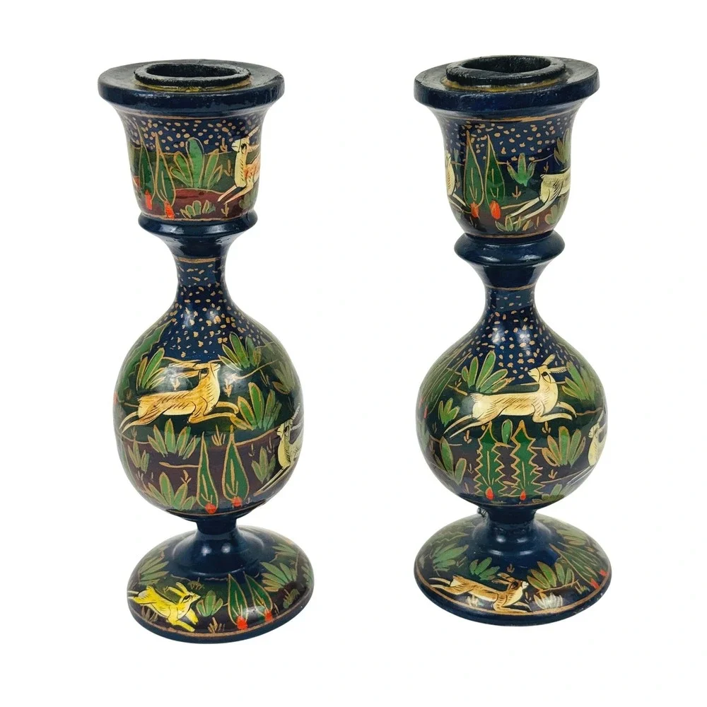 Vintage Kashmiri Hand Painted Wood Candlestick Holders Gazelle Deer Folk Art Set